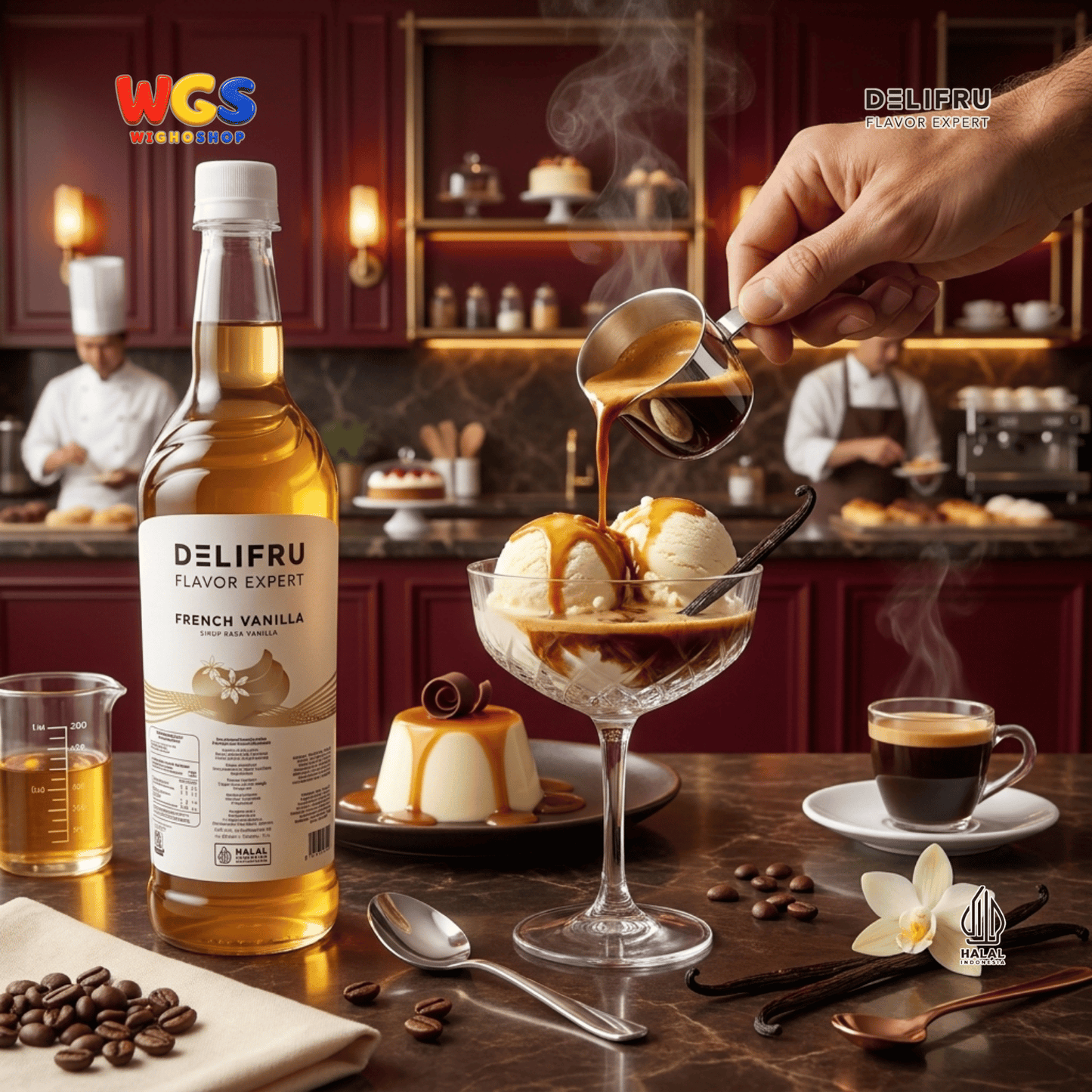 DELIFRU French Vanilla Syrup 1 Liter - Sirup Vanila untuk Kopi Latte Cold Brew Milkshake Minuman Cafe Dessert Halal