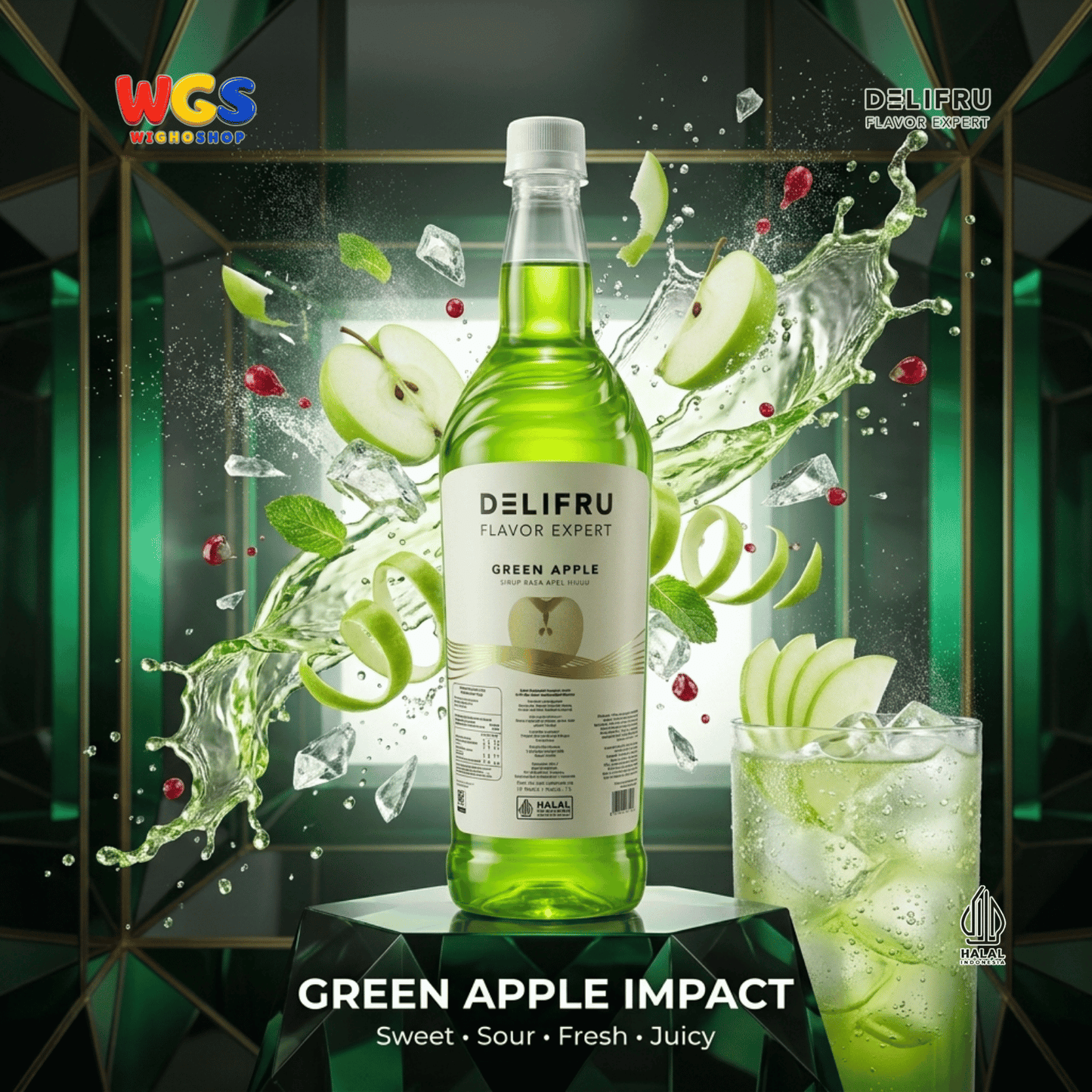 DELIFRU Green Apple Syrup 1 Liter - Sirup Apel Hijau untuk Mocktail Soda Fruit Tea Lemonade Dessert Minuman Cafe