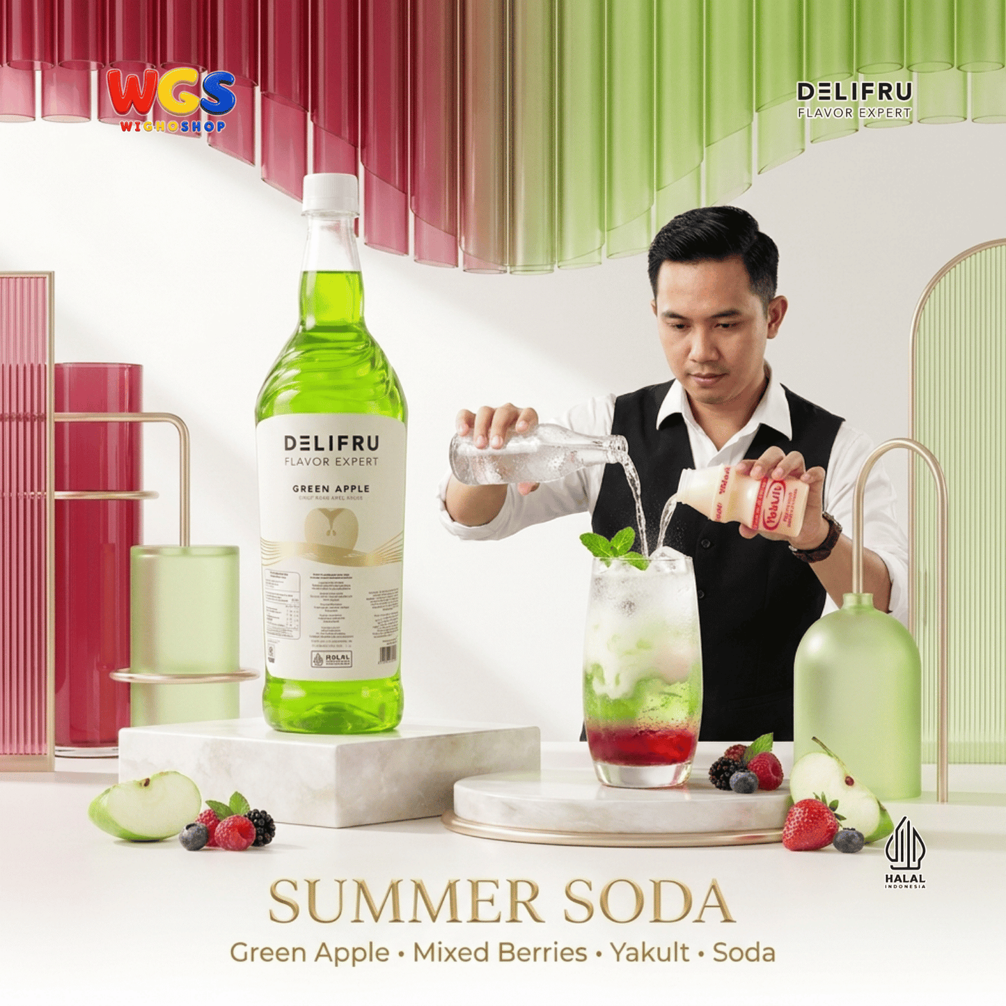 DELIFRU Green Apple Syrup 1 Liter - Sirup Apel Hijau untuk Mocktail Soda Fruit Tea Lemonade Dessert Minuman Cafe