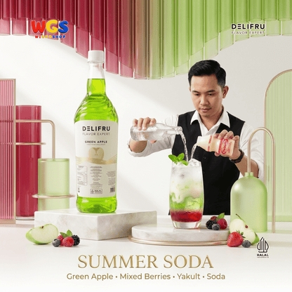 DELIFRU Green Apple Syrup 1 Liter - Sirup Apel Hijau untuk Mocktail Soda Fruit Tea Lemonade Dessert Minuman Cafe