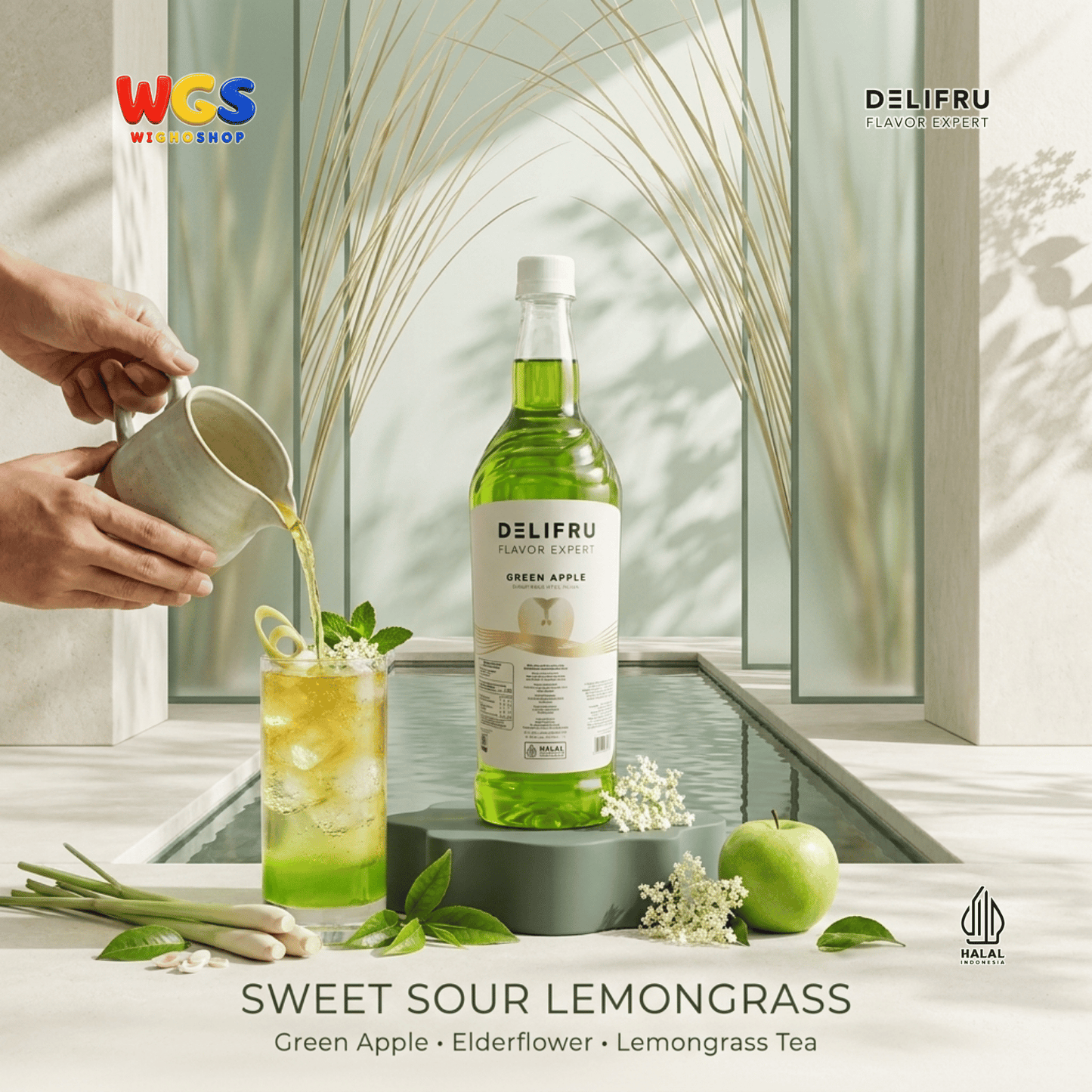 DELIFRU Green Apple Syrup 1 Liter - Sirup Apel Hijau untuk Mocktail Soda Fruit Tea Lemonade Dessert Minuman Cafe