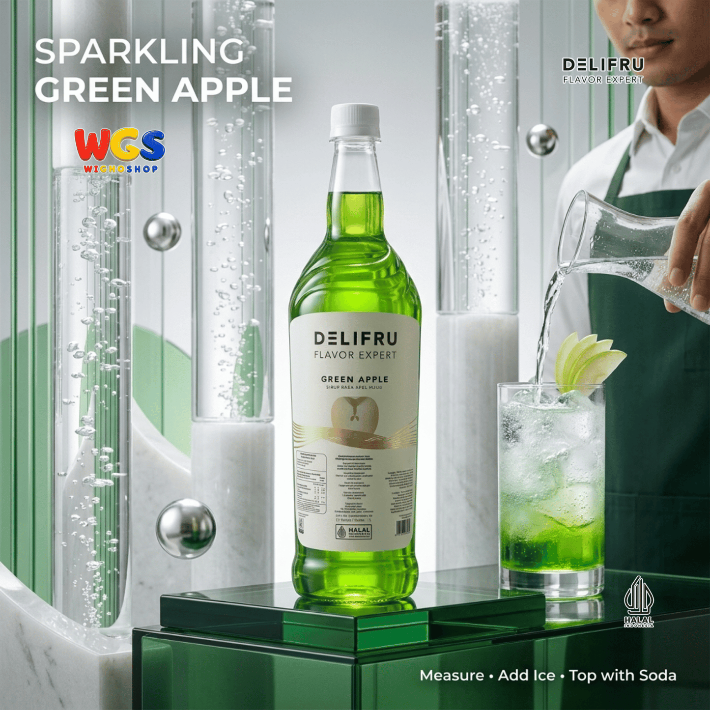 DELIFRU Green Apple Syrup 1 Liter - Sirup Apel Hijau untuk Mocktail Soda Fruit Tea Lemonade Dessert Minuman Cafe