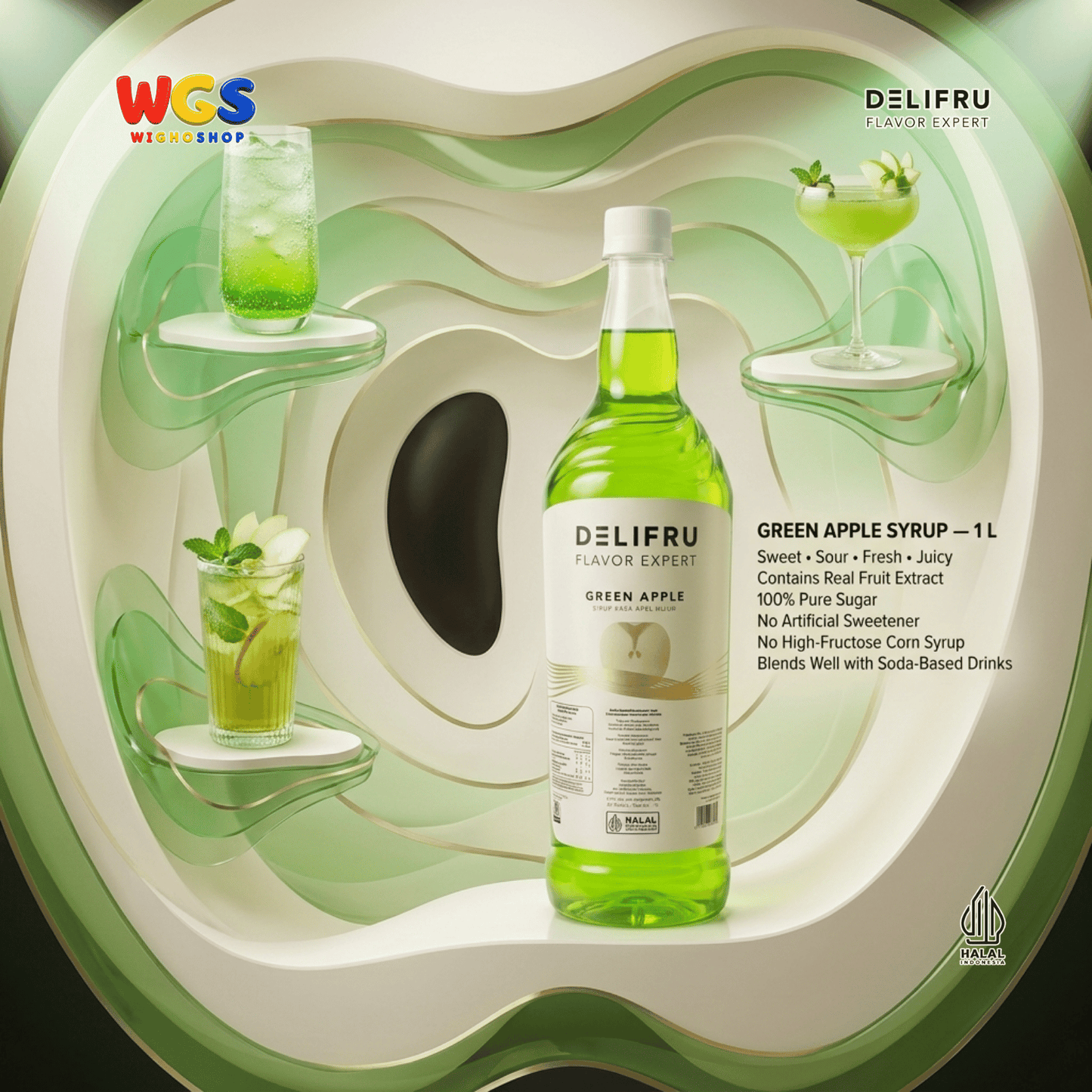 DELIFRU Green Apple Syrup 1 Liter - Sirup Apel Hijau untuk Mocktail Soda Fruit Tea Lemonade Dessert Minuman Cafe
