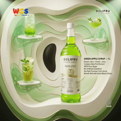 DELIFRU Green Apple Syrup 1 Liter - Sirup Apel Hijau untuk Mocktail Soda Fruit Tea Lemonade Dessert Minuman Cafe
