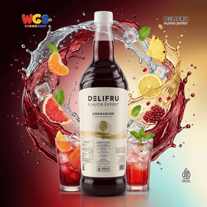 DELIFRU Grenadine Syrup 1 Liter - Sirup Rasa Delima untuk Mocktail Sunrise Soda Iced Tea Minuman Cafe Dessert Halal