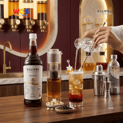 DELIFRU Grenadine Syrup 1 Liter - Sirup Rasa Delima untuk Mocktail Sunrise Soda Iced Tea Minuman Cafe Dessert Halal