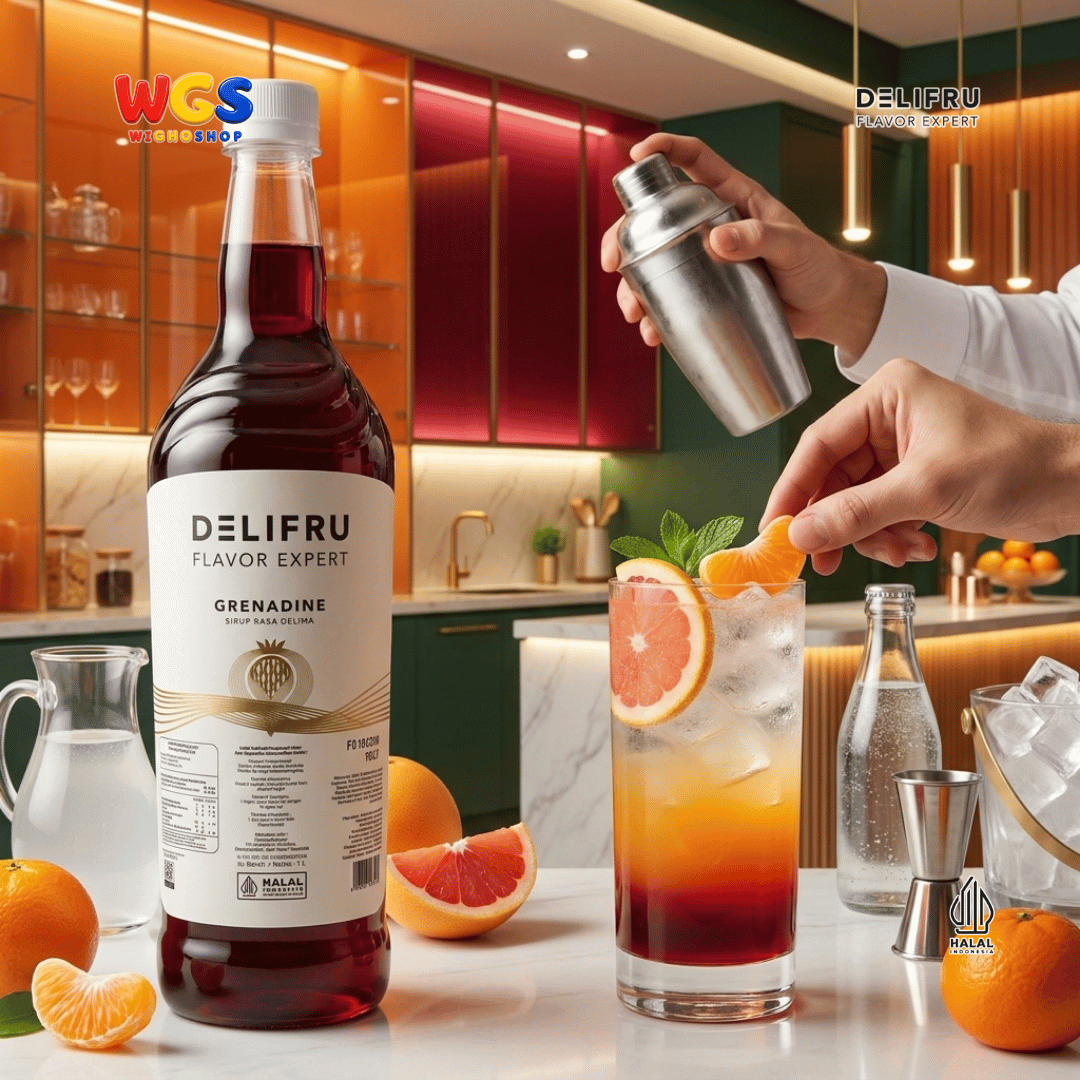 DELIFRU Grenadine Syrup 1 Liter - Sirup Rasa Delima untuk Mocktail Sunrise Soda Iced Tea Minuman Cafe Dessert Halal