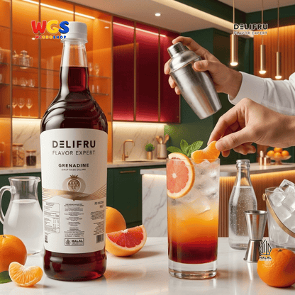 DELIFRU Grenadine Syrup 1 Liter - Sirup Rasa Delima untuk Mocktail Sunrise Soda Iced Tea Minuman Cafe Dessert Halal