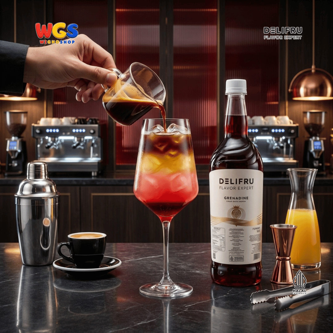 DELIFRU Grenadine Syrup 1 Liter - Sirup Rasa Delima untuk Mocktail Sunrise Soda Iced Tea Minuman Cafe Dessert Halal