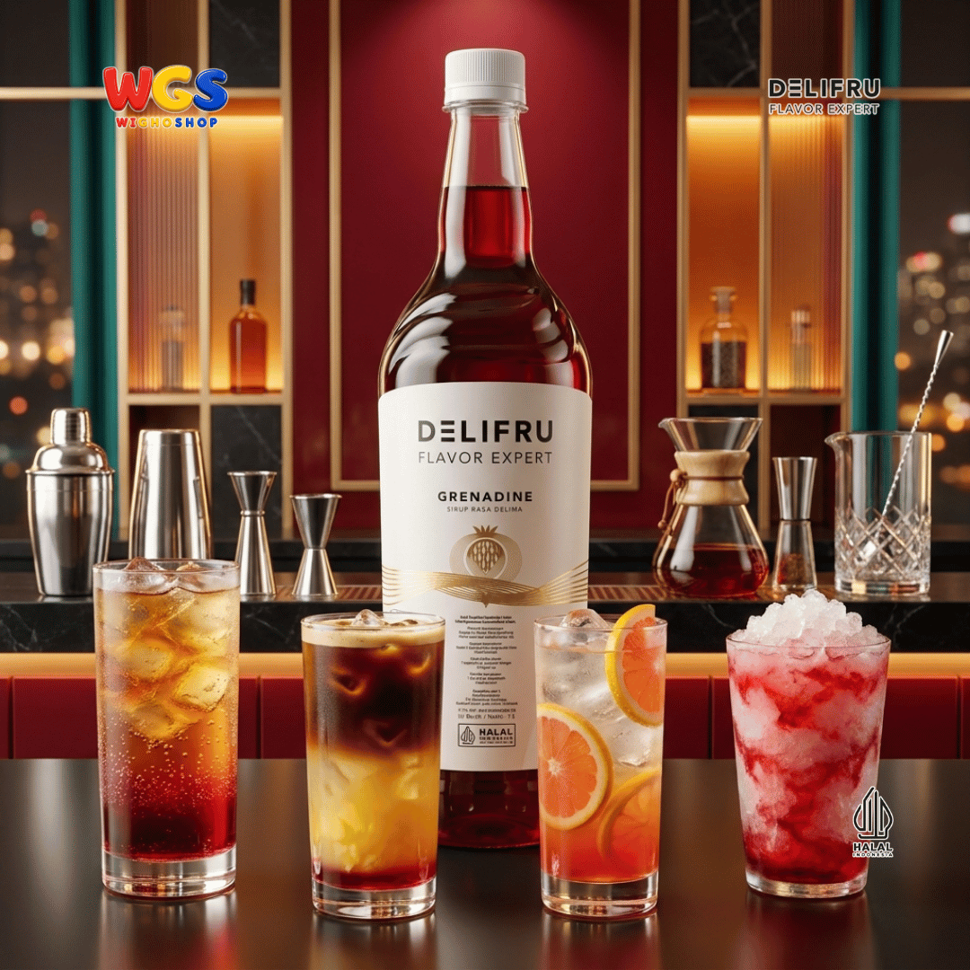 DELIFRU Grenadine Syrup 1 Liter - Sirup Rasa Delima untuk Mocktail Sunrise Soda Iced Tea Minuman Cafe Dessert Halal