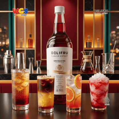 DELIFRU Grenadine Syrup 1 Liter - Sirup Rasa Delima untuk Mocktail Sunrise Soda Iced Tea Minuman Cafe Dessert Halal