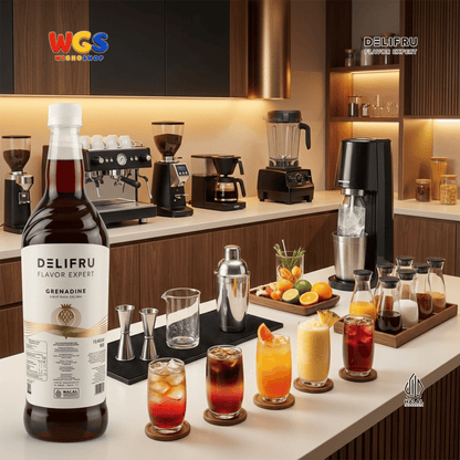 DELIFRU Grenadine Syrup 1 Liter - Sirup Rasa Delima untuk Mocktail Sunrise Soda Iced Tea Minuman Cafe Dessert Halal
