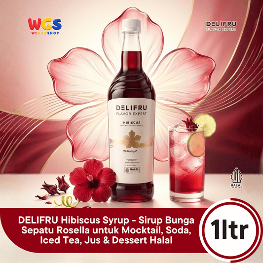 DELIFRU Hibiscus Syrup 1 Liter - Sirup Bunga Sepatu Rosella untuk Mocktail, Soda, Iced Tea, Jus & Dessert Halal
