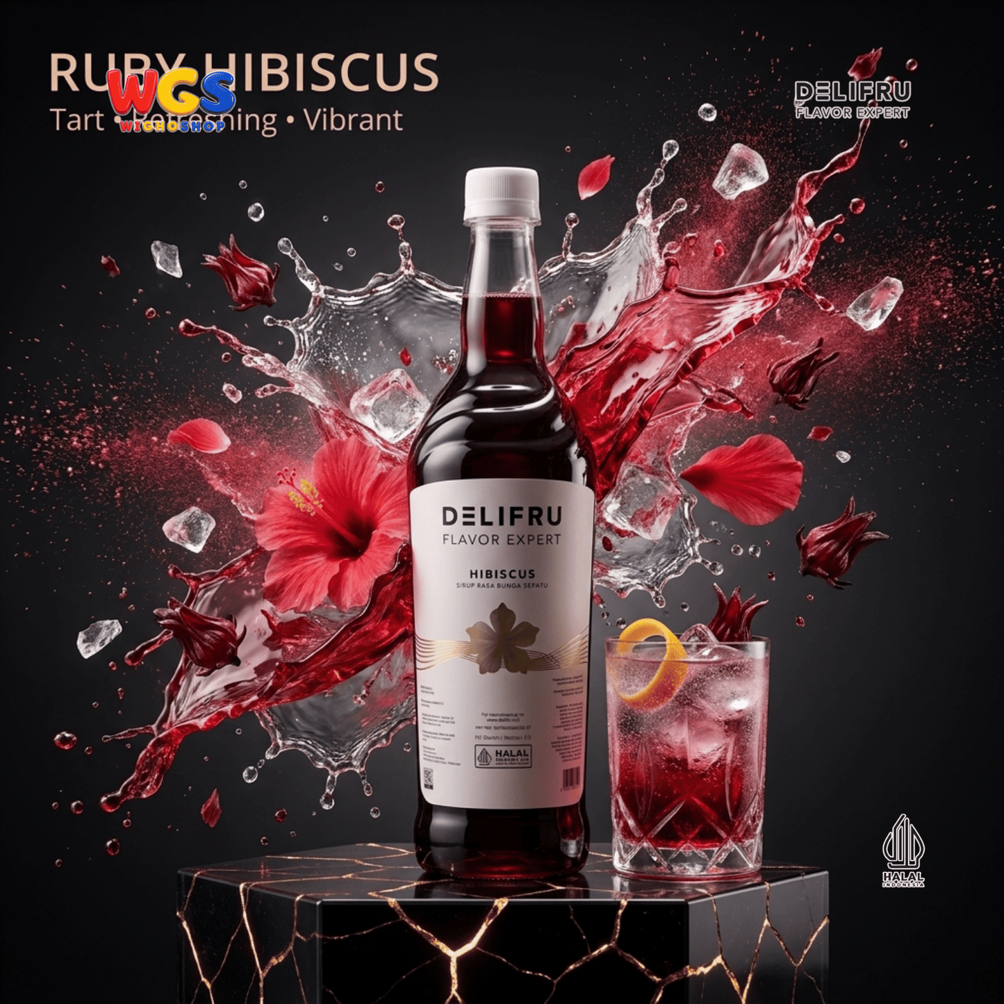DELIFRU Hibiscus Syrup 1 Liter - Sirup Bunga Sepatu Rosella untuk Mocktail, Soda, Iced Tea, Jus & Dessert Halal