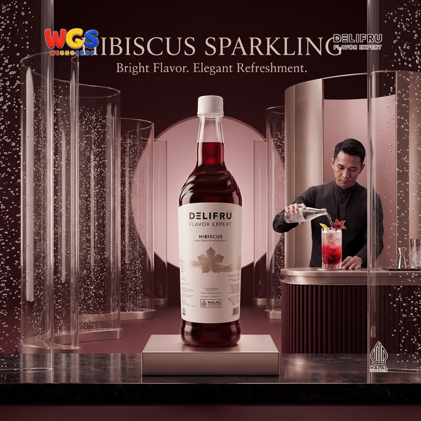DELIFRU Hibiscus Syrup 1 Liter - Sirup Bunga Sepatu Rosella untuk Mocktail, Soda, Iced Tea, Jus & Dessert Halal