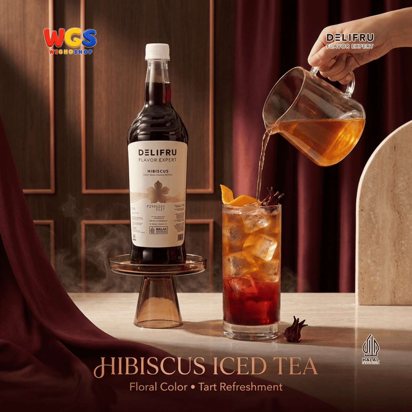 DELIFRU Hibiscus Syrup 1 Liter - Sirup Bunga Sepatu Rosella untuk Mocktail, Soda, Iced Tea, Jus & Dessert Halal