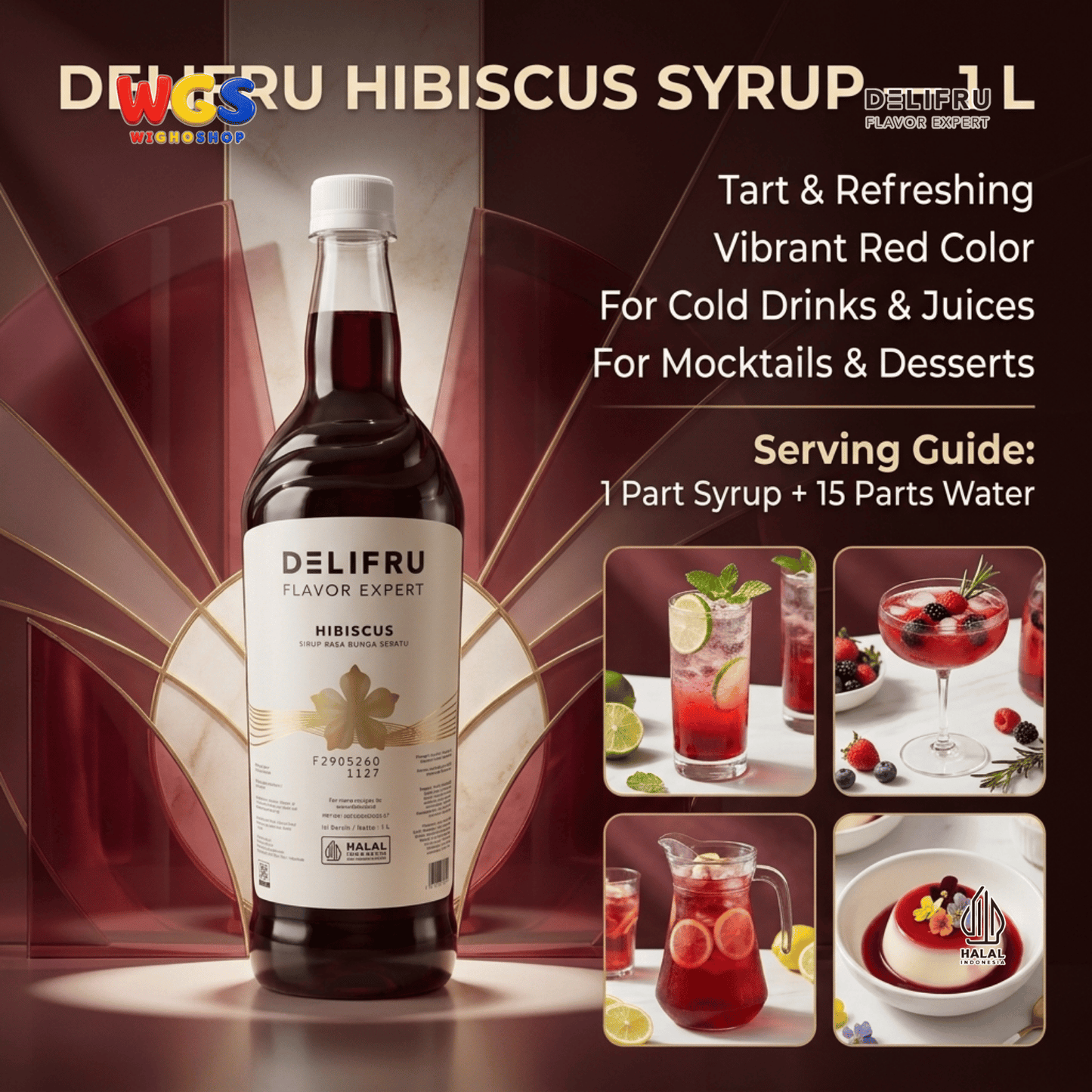 DELIFRU Hibiscus Syrup 1 Liter - Sirup Bunga Sepatu Rosella untuk Mocktail, Soda, Iced Tea, Jus & Dessert Halal