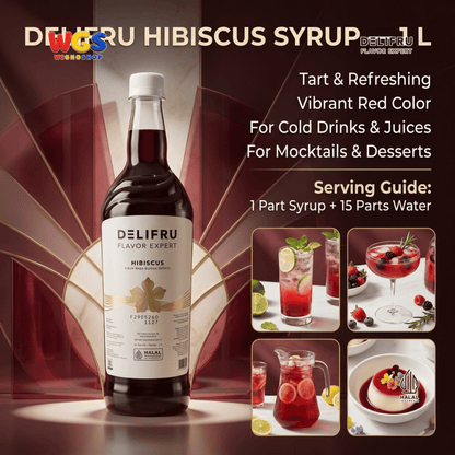 DELIFRU Hibiscus Syrup 1 Liter - Sirup Bunga Sepatu Rosella untuk Mocktail, Soda, Iced Tea, Jus & Dessert Halal