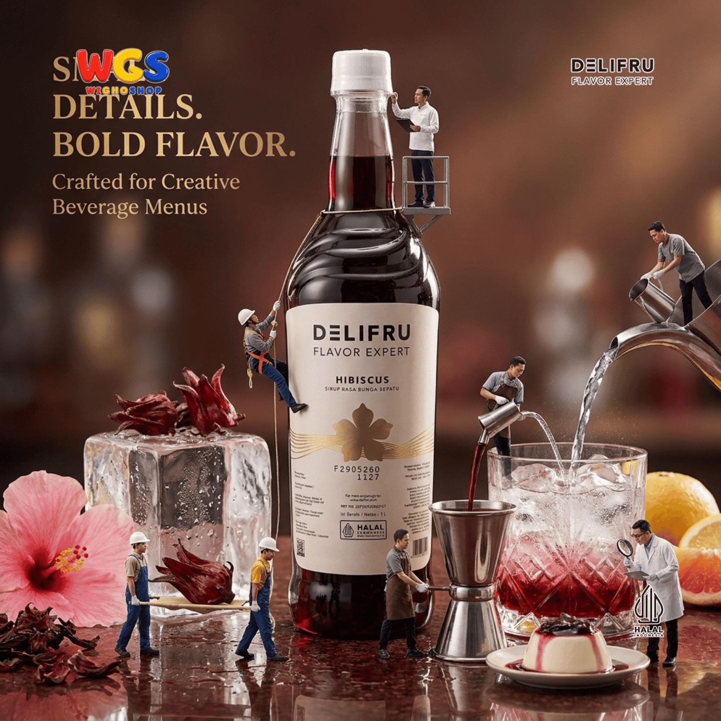 DELIFRU Hibiscus Syrup 1 Liter - Sirup Bunga Sepatu Rosella untuk Mocktail, Soda, Iced Tea, Jus & Dessert Halal