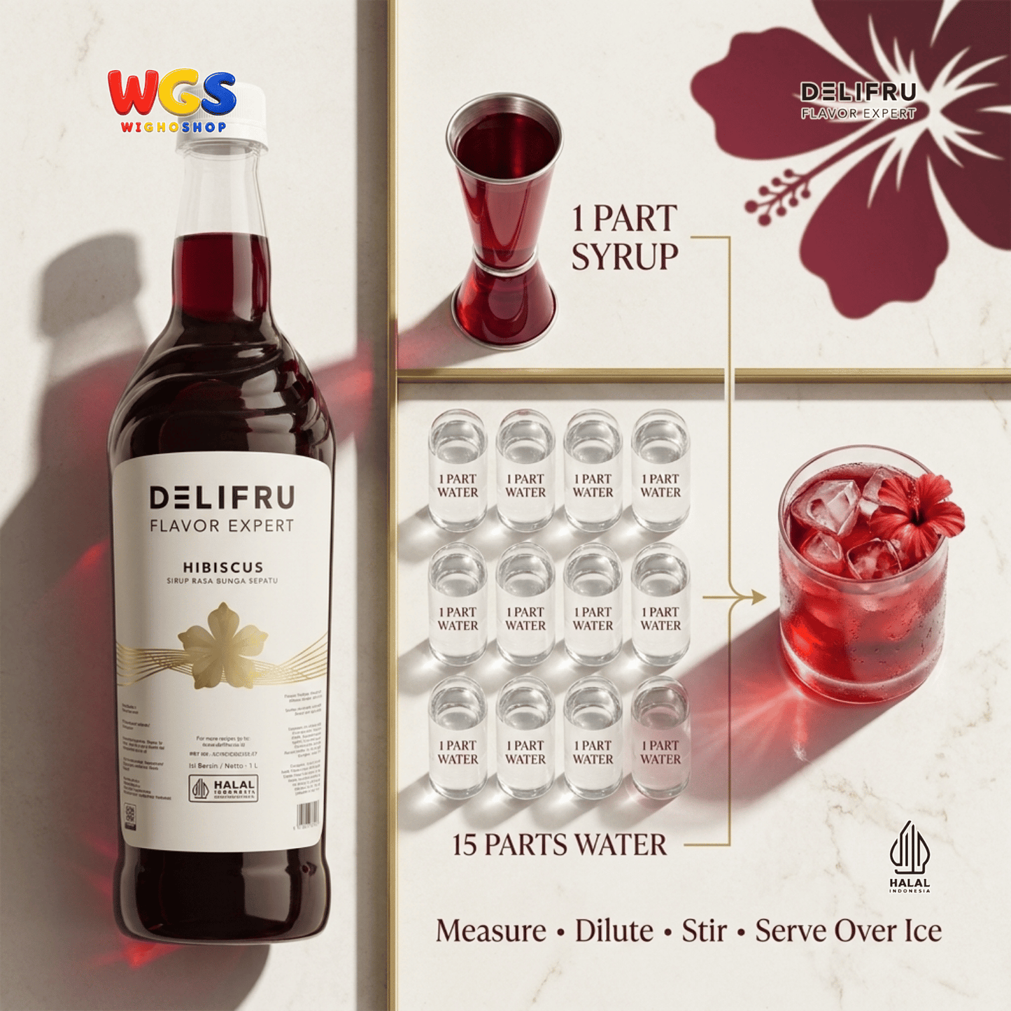 DELIFRU Hibiscus Syrup 1 Liter - Sirup Bunga Sepatu Rosella untuk Mocktail, Soda, Iced Tea, Jus & Dessert Halal