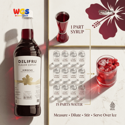 DELIFRU Hibiscus Syrup 1 Liter - Sirup Bunga Sepatu Rosella untuk Mocktail, Soda, Iced Tea, Jus & Dessert Halal