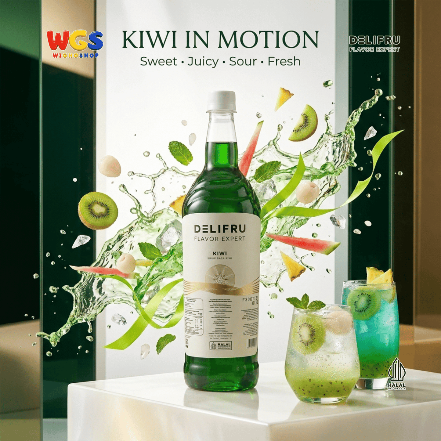DELIFRU Kiwi Syrup 1 Liter - Sirup Rasa Kiwi untuk Mocktail Soda Kiwi Tea Lemonade Yakult Minuman Cafe Dessert Halal