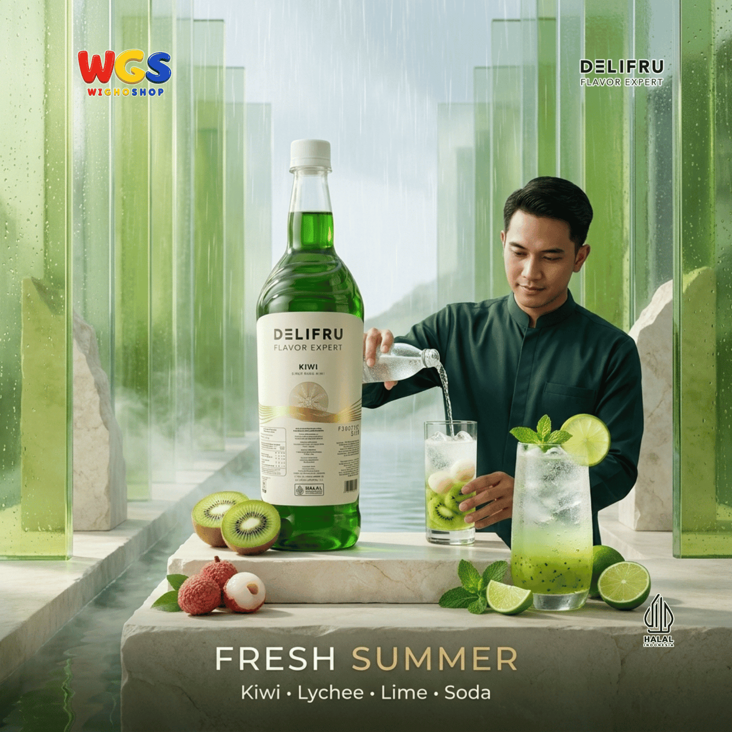 DELIFRU Kiwi Syrup 1 Liter - Sirup Rasa Kiwi untuk Mocktail Soda Kiwi Tea Lemonade Yakult Minuman Cafe Dessert Halal