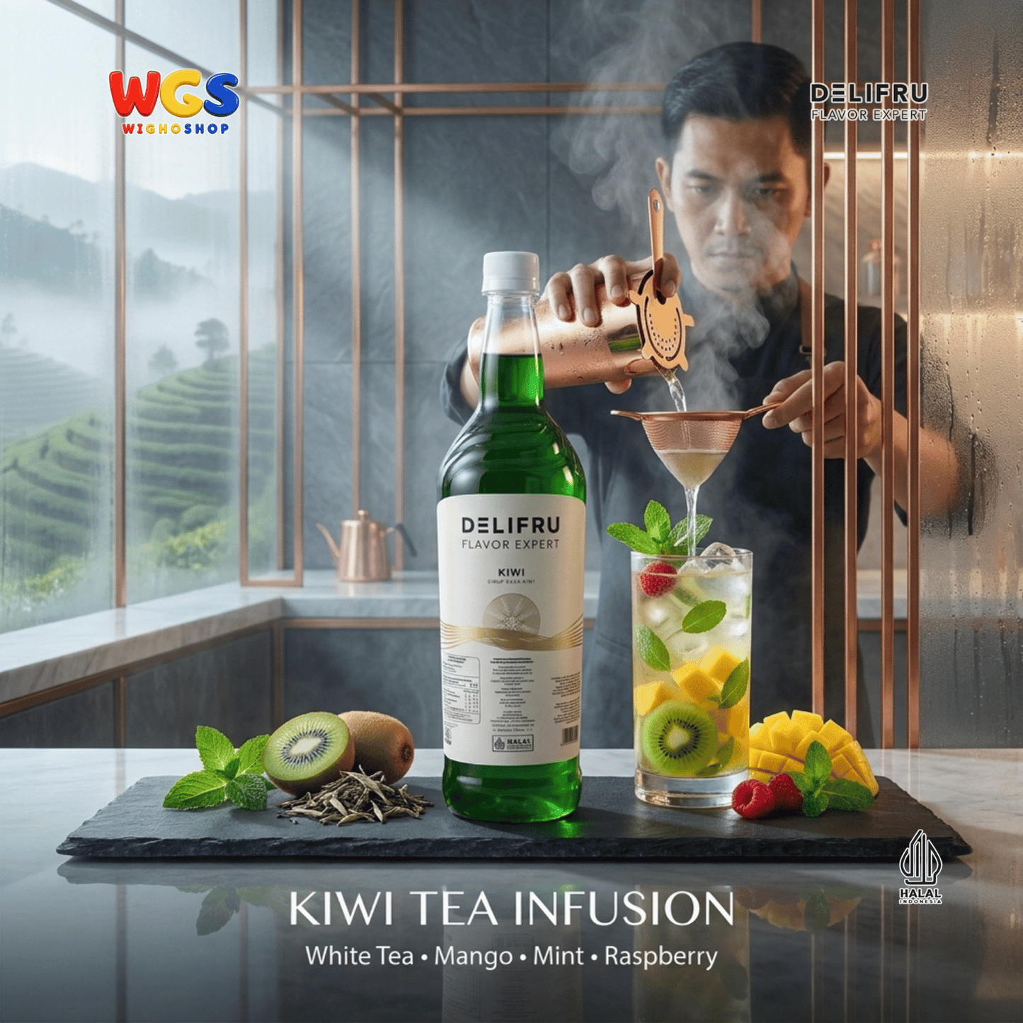 DELIFRU Kiwi Syrup 1 Liter - Sirup Rasa Kiwi untuk Mocktail Soda Kiwi Tea Lemonade Yakult Minuman Cafe Dessert Halal