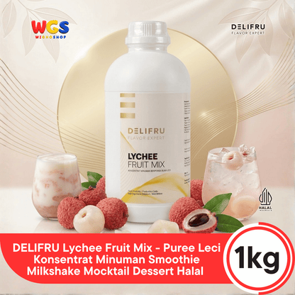 DELIFRU Lychee Fruit Mix 1kg - Konsentrat Puree Leci untuk Mocktail Iced Tea Soda Smoothie Minuman Cafe Halal
