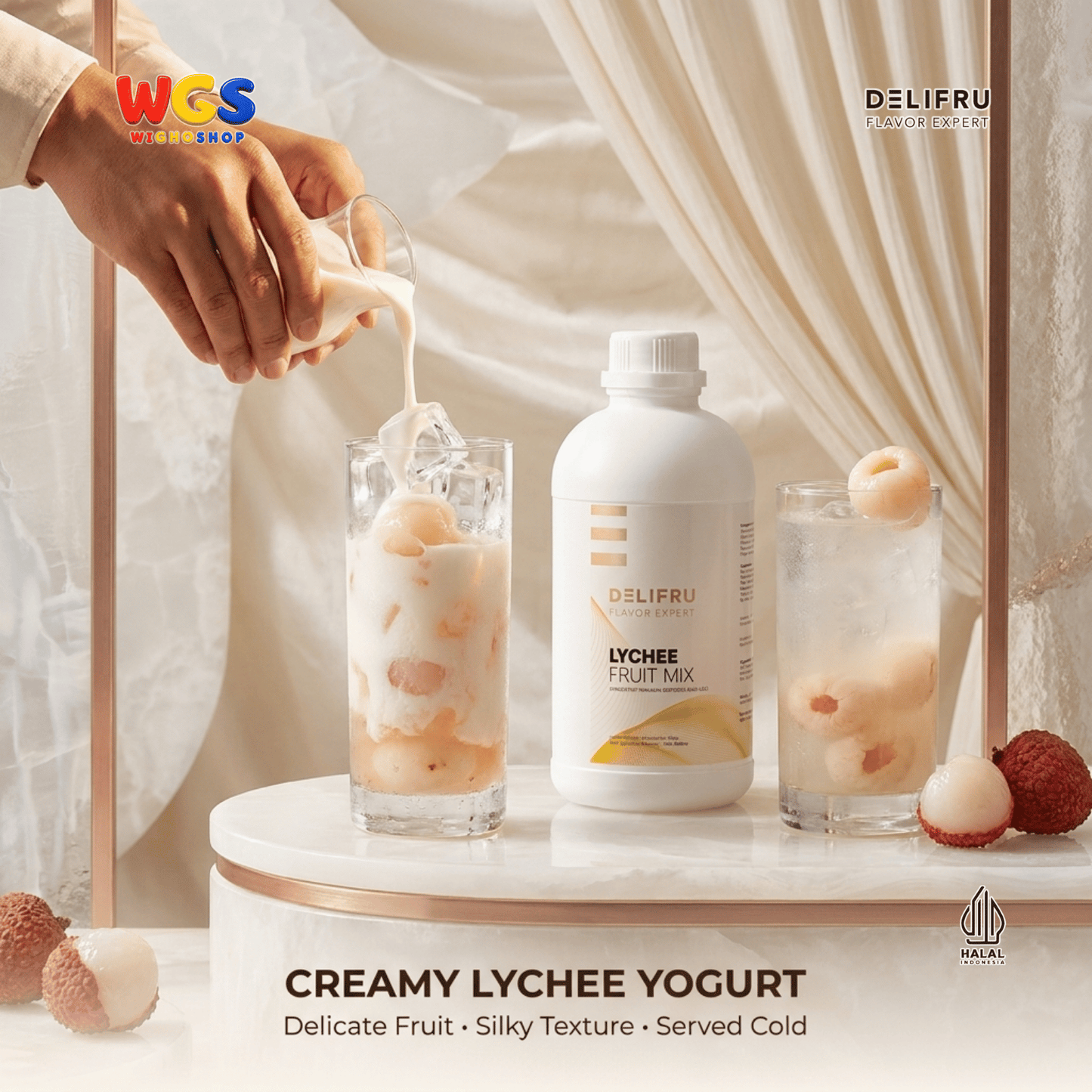 DELIFRU Lychee Fruit Mix 1kg - Konsentrat Puree Leci untuk Mocktail Iced Tea Soda Smoothie Minuman Cafe Halal