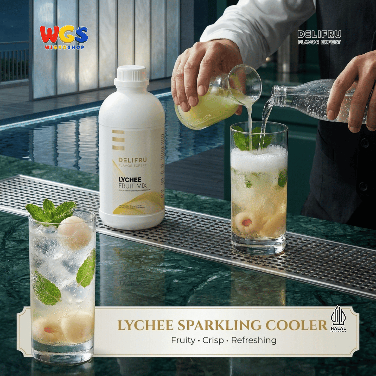 DELIFRU Lychee Fruit Mix 1kg - Konsentrat Puree Leci untuk Mocktail Iced Tea Soda Smoothie Minuman Cafe Halal