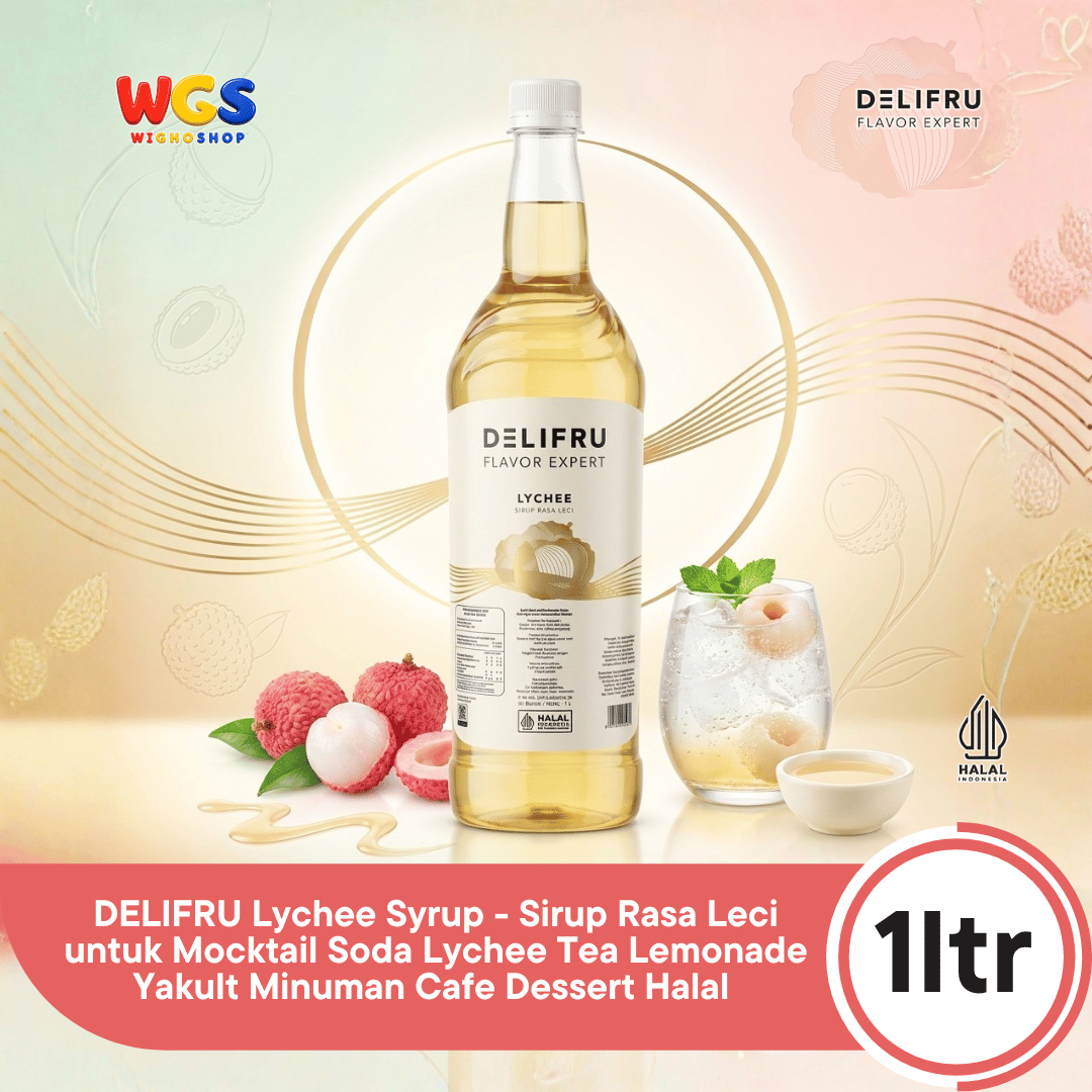 DELIFRU Lychee Syrup 1 Liter - Sirup Rasa Leci untuk Mocktail Soda Lychee Tea Lemonade Yakult Minuman Cafe Dessert Halal