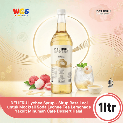 DELIFRU Lychee Syrup 1 Liter - Sirup Rasa Leci untuk Mocktail Soda Lychee Tea Lemonade Yakult Minuman Cafe Dessert Halal