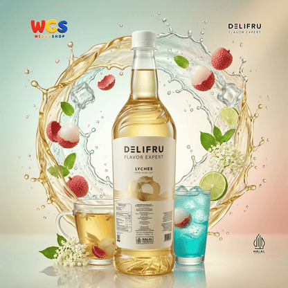 DELIFRU Lychee Syrup 1 Liter - Sirup Rasa Leci untuk Mocktail Soda Lychee Tea Lemonade Yakult Minuman Cafe Dessert Halal
