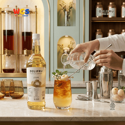 DELIFRU Lychee Syrup 1 Liter - Sirup Rasa Leci untuk Mocktail Soda Lychee Tea Lemonade Yakult Minuman Cafe Dessert Halal