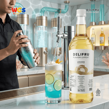 DELIFRU Lychee Syrup 1 Liter - Sirup Rasa Leci untuk Mocktail Soda Lychee Tea Lemonade Yakult Minuman Cafe Dessert Halal