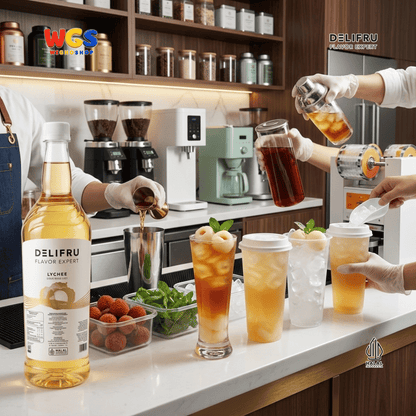 DELIFRU Lychee Syrup 1 Liter - Sirup Rasa Leci untuk Mocktail Soda Lychee Tea Lemonade Yakult Minuman Cafe Dessert Halal