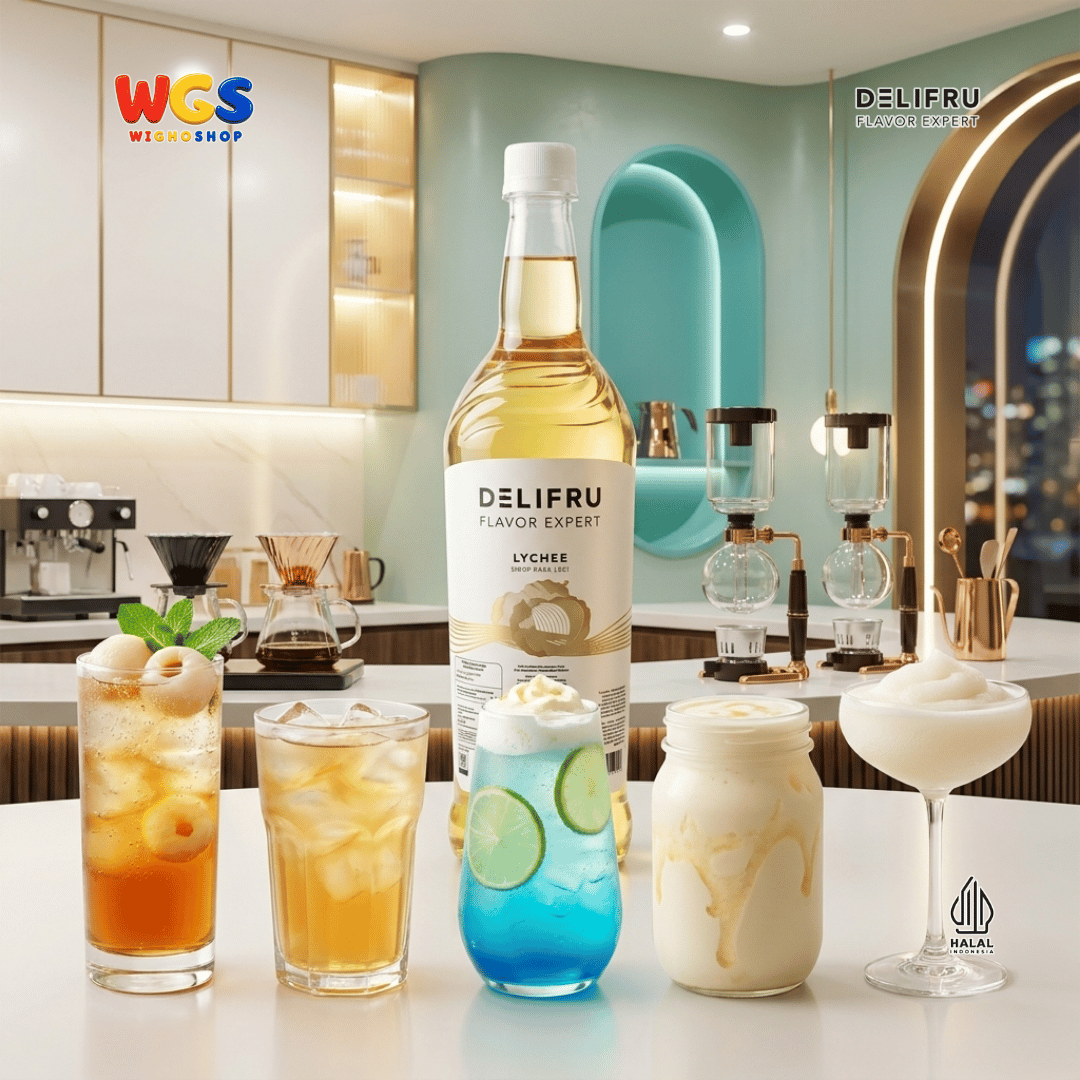 DELIFRU Lychee Syrup 1 Liter - Sirup Rasa Leci untuk Mocktail Soda Lychee Tea Lemonade Yakult Minuman Cafe Dessert Halal