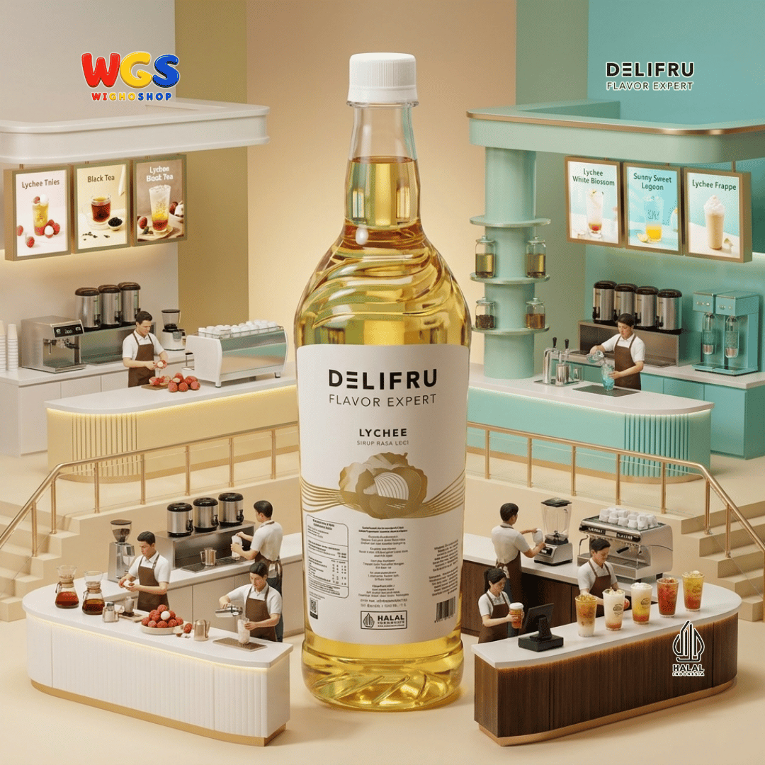 DELIFRU Lychee Syrup 1 Liter - Sirup Rasa Leci untuk Mocktail Soda Lychee Tea Lemonade Yakult Minuman Cafe Dessert Halal