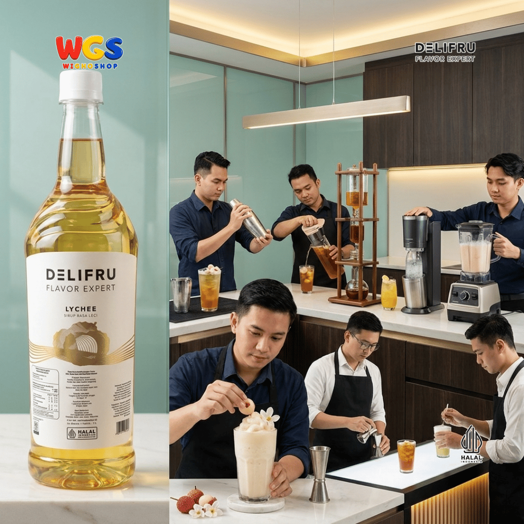 DELIFRU Lychee Syrup 1 Liter - Sirup Rasa Leci untuk Mocktail Soda Lychee Tea Lemonade Yakult Minuman Cafe Dessert Halal