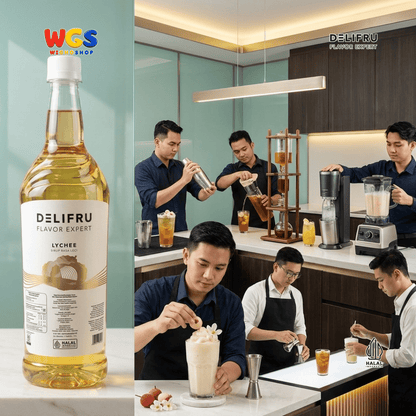 DELIFRU Lychee Syrup 1 Liter - Sirup Rasa Leci untuk Mocktail Soda Lychee Tea Lemonade Yakult Minuman Cafe Dessert Halal