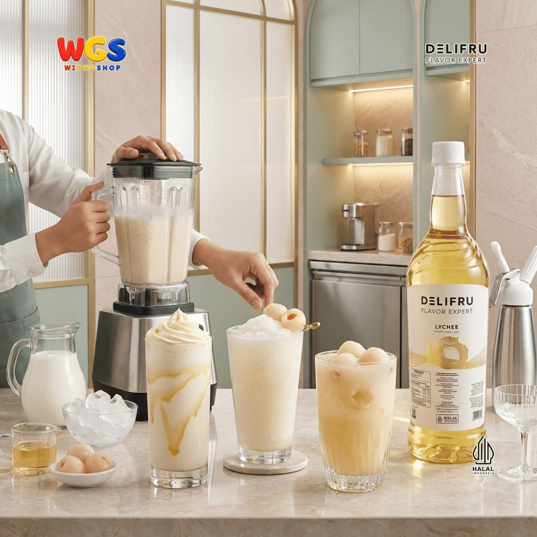 DELIFRU Lychee Syrup 1 Liter - Sirup Rasa Leci untuk Mocktail Soda Lychee Tea Lemonade Yakult Minuman Cafe Dessert Halal