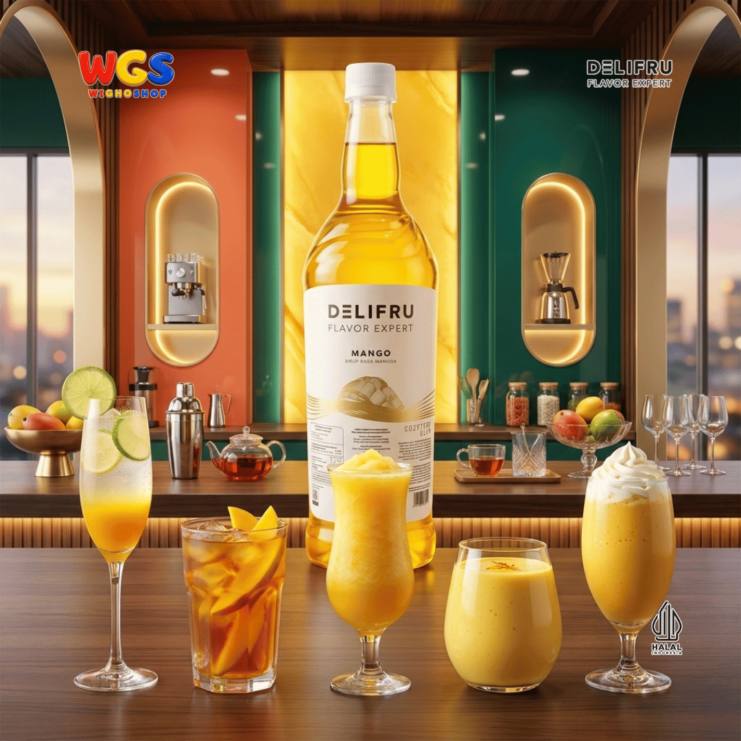 DELIFRU Mango Syrup 1 Liter - Sirup Rasa Mangga untuk Mocktail Mango Tea Soda Yakult Smoothie Minuman Cafe Dessert Halal
