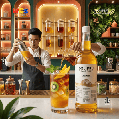DELIFRU Mango Syrup 1 Liter - Sirup Rasa Mangga untuk Mocktail Mango Tea Soda Yakult Smoothie Minuman Cafe Dessert Halal