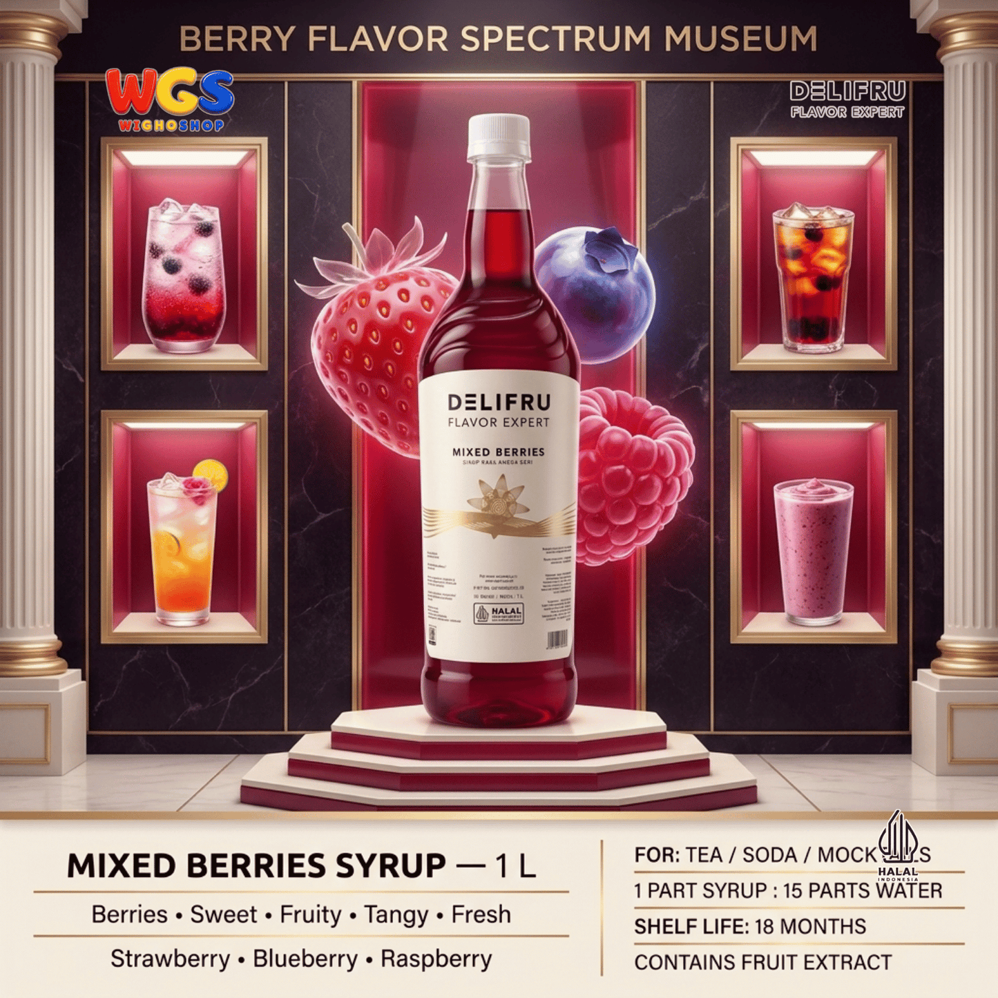 DELIFRU Mixed Berries Syrup 1 Liter - Sirup Aneka Buah Beri untuk Mocktail, Soda, Iced Tea, Milkshake & Dessert Halal