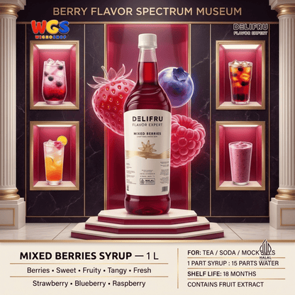 DELIFRU Mixed Berries Syrup 1 Liter - Sirup Aneka Buah Beri untuk Mocktail, Soda, Iced Tea, Milkshake & Dessert Halal