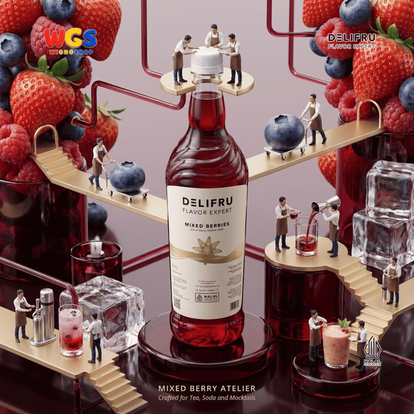 DELIFRU Mixed Berries Syrup 1 Liter - Sirup Aneka Buah Beri untuk Mocktail, Soda, Iced Tea, Milkshake & Dessert Halal