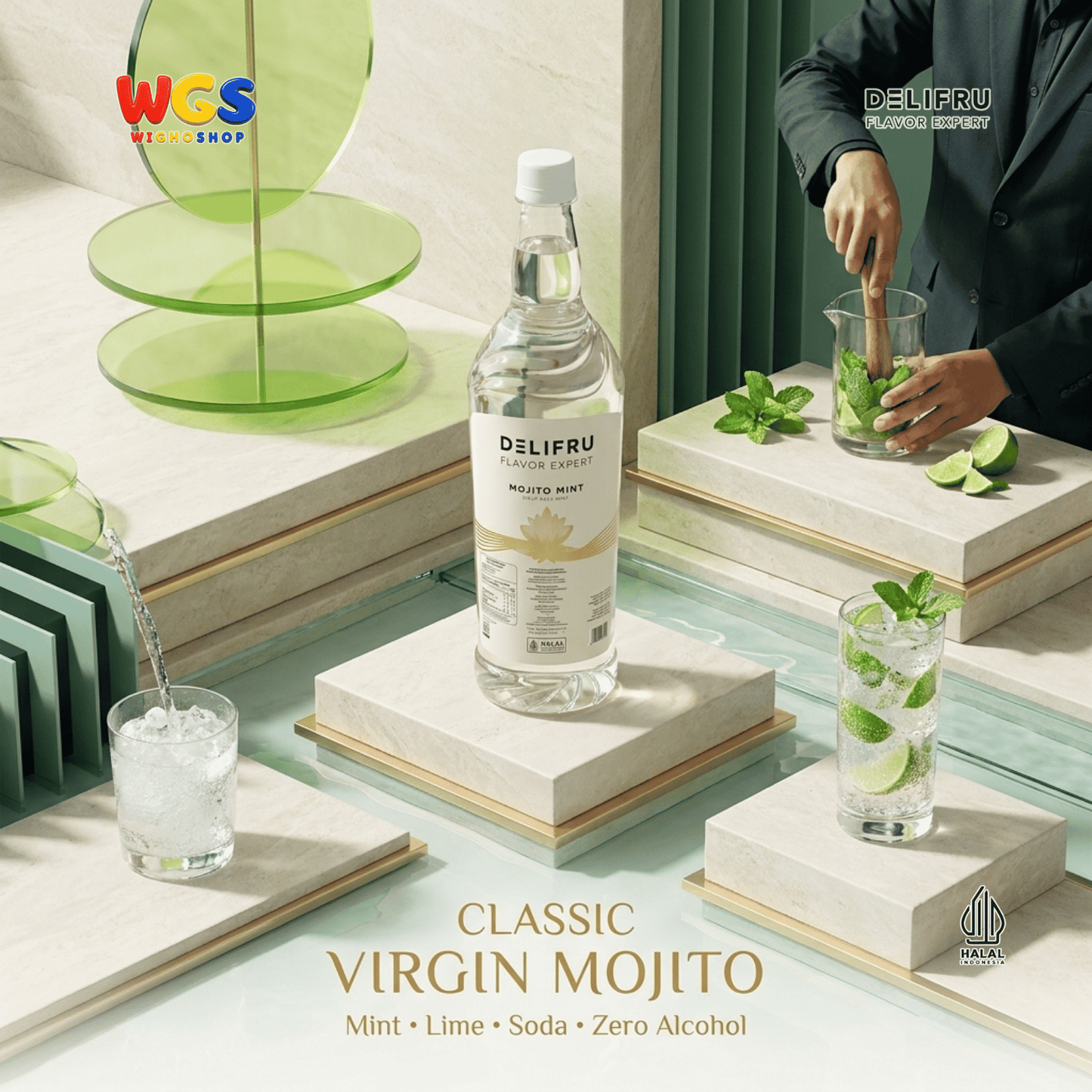 DELIFRU Mojito Mint Syrup 1 Liter - Sirup Mint untuk Virgin Mojito Mocktail Soda Lemonade Iced Tea Minuman Cafe Halal