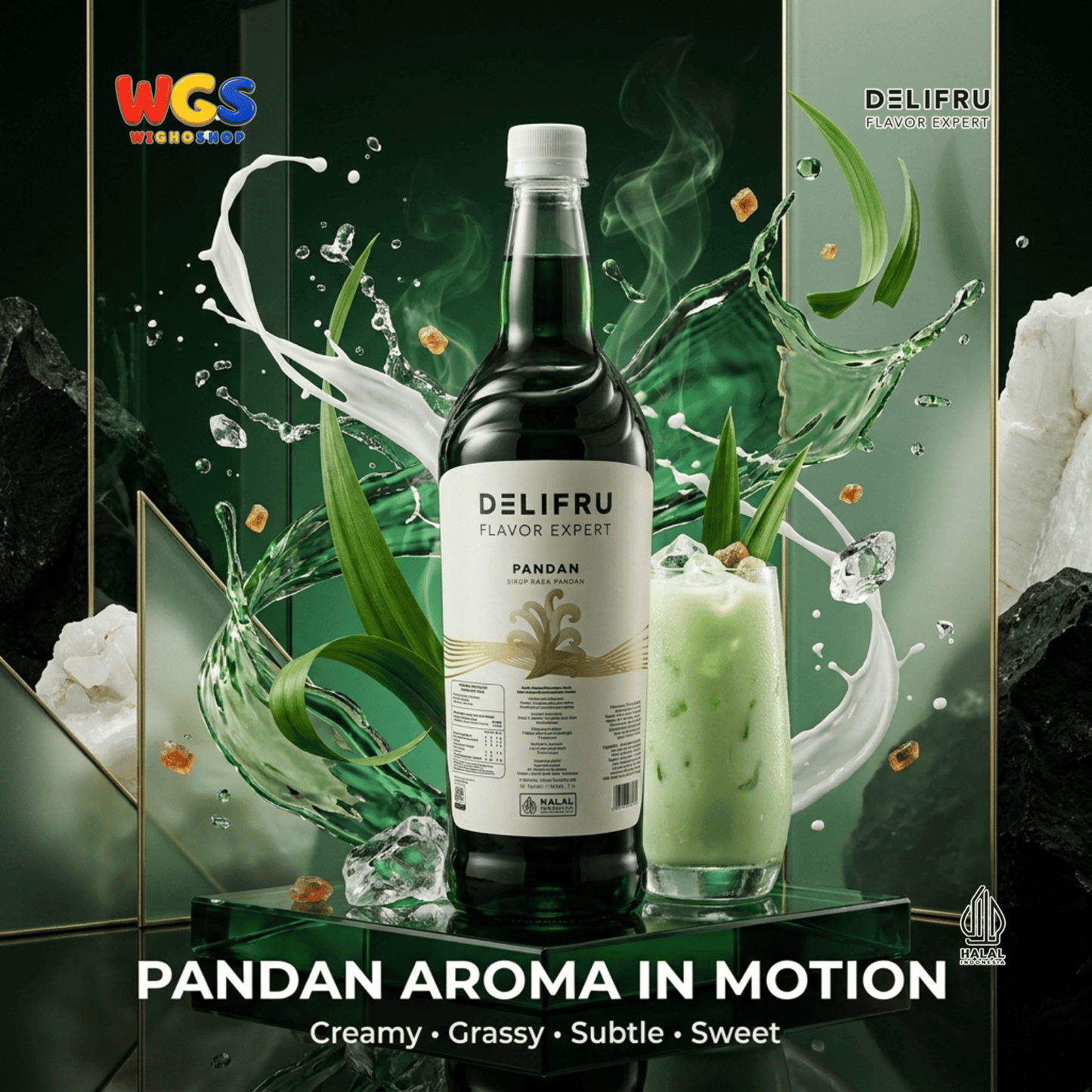 DELIFRU Pandan Syrup 1 Liter - Sirup Daun Pandan untuk Cendol, Es Campur, Kopi, Latte, Minuman Susu & Dessert Halal