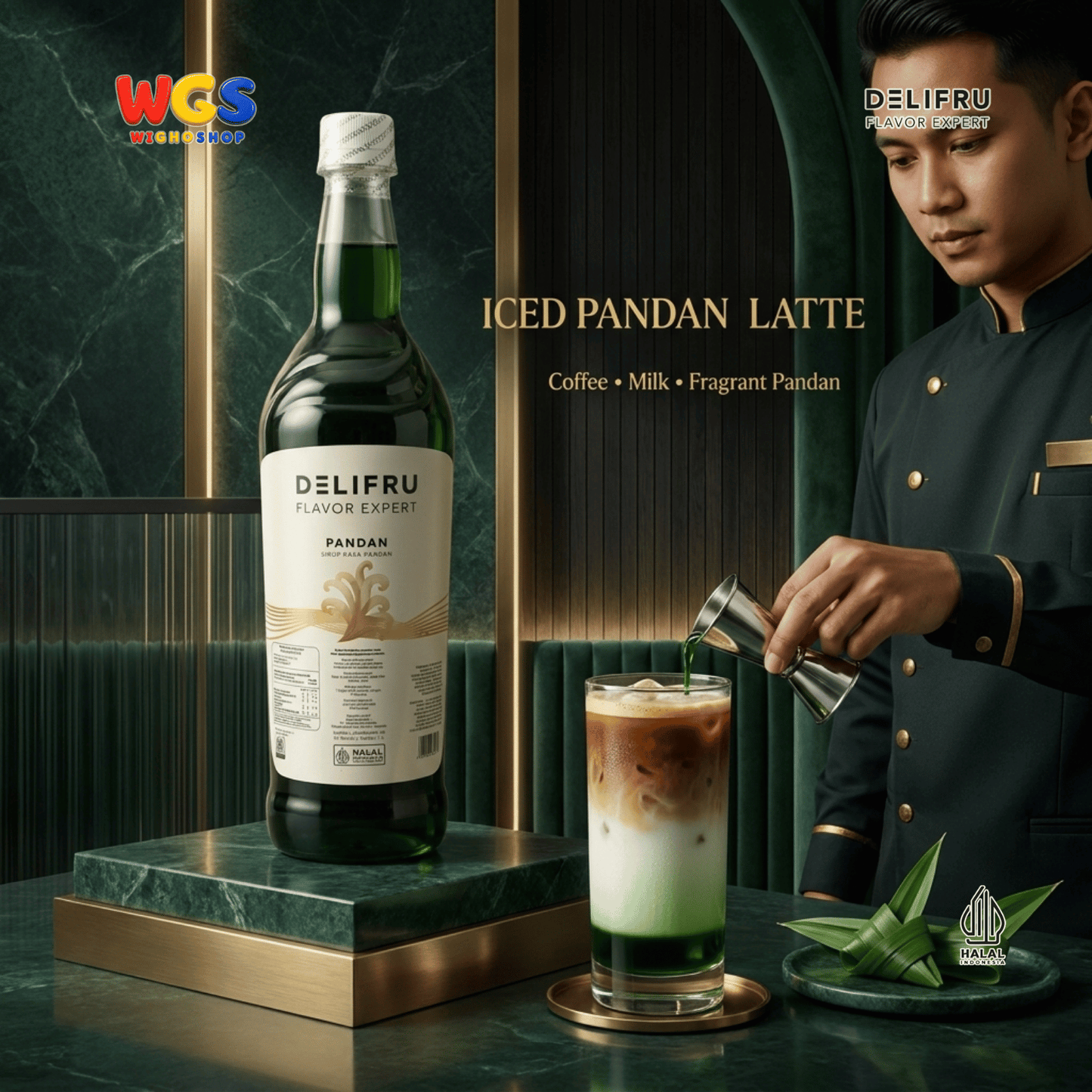 DELIFRU Pandan Syrup 1 Liter - Sirup Daun Pandan untuk Cendol, Es Campur, Kopi, Latte, Minuman Susu & Dessert Halal